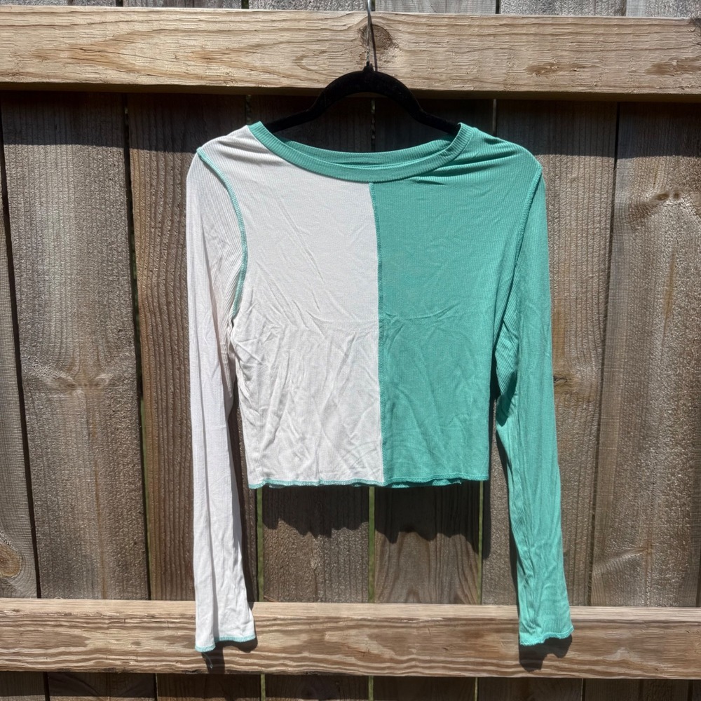 Wild Fable Colorblock Ribbed Crop Top Mint Green White Long Sleeve Medium